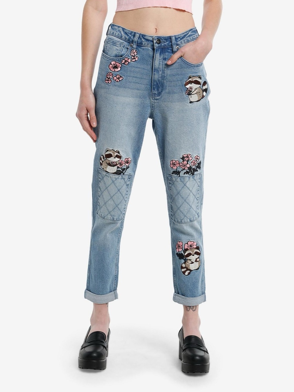 Hot Topic Light Blue Embroidered Boyfriend Jeans with Floral & Raccoon Patches